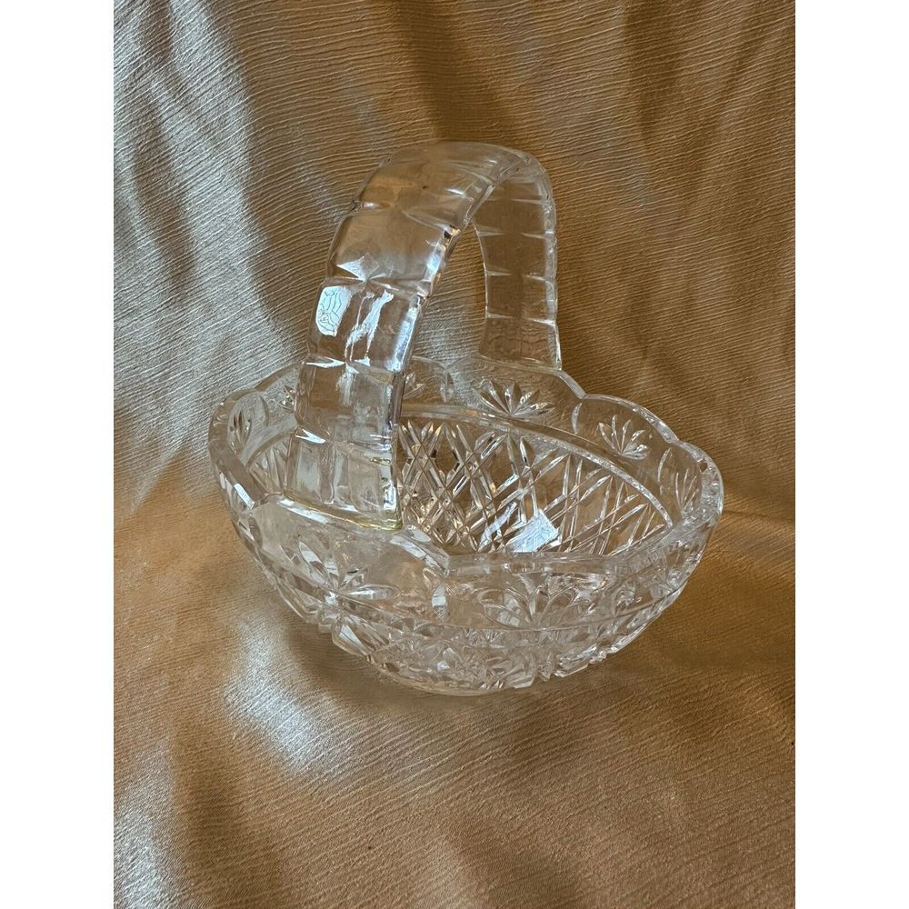 Vintage‎ Bohemia 24% Lead Crystal Etched Candy Dish Basket Handle